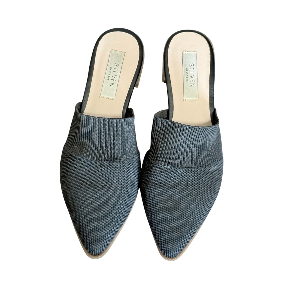 Steven New York Black Knit Pointed Toe Mules Low Block Heel Slides Womens 6.5